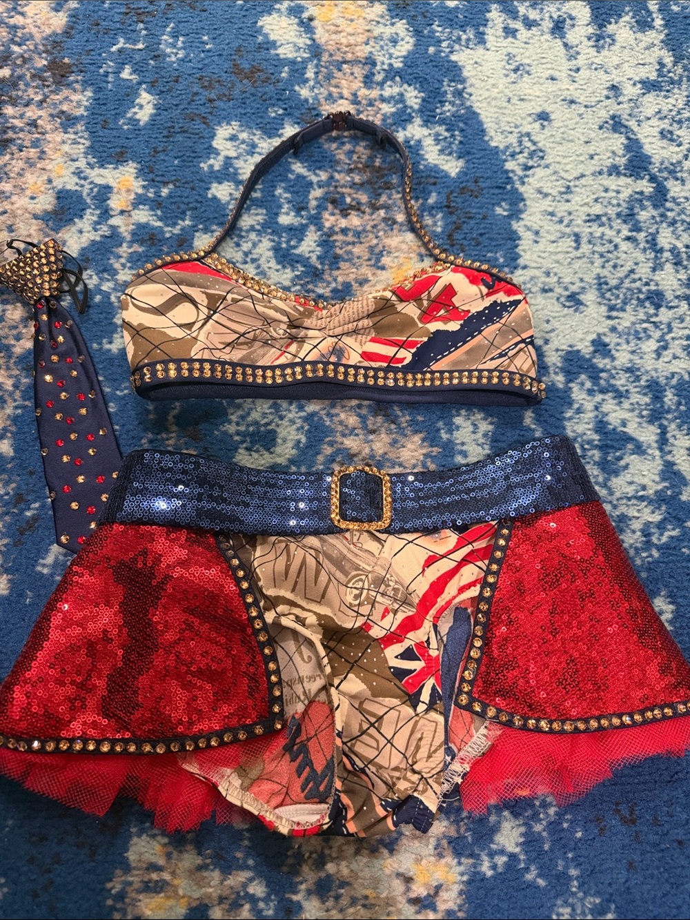 Sugar & Spice Weissman Red White Blue Rhinestone Sequin Dance Costume 3pc M
